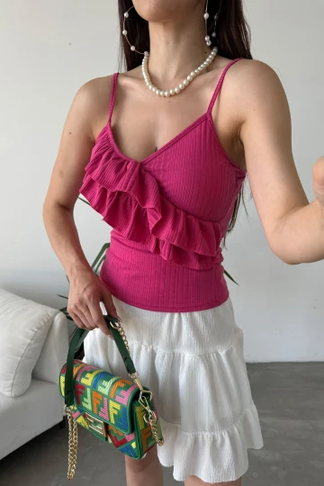 Fuşya İp Askılı Volan Detaylı Bluz BCDF-251089