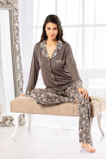 Gri Çiçek Desenli Önü Düğmeli Pijama Takımı BCAN-258603FA