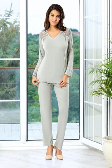 Gri Dantel Detaylı Pijama Takımı BCAN-258609FA