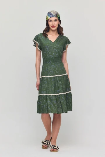 Haki V Yaka Nervürlü Çiçek Desenli Yazlık Viscon Elbise BCVL-25V054