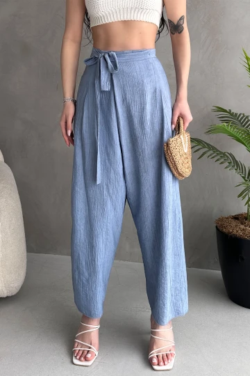 Havacı Mavi Bağlamalı Anvelop Kesim Salaş Keten Dokuma Pantolon BCDF-251108