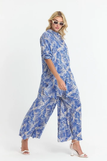 İndigo Çiçek Desenli Uzun Tunik Ve Pantolon Dokuma Viscon Alt Üst Takım BCVL-25V053-2