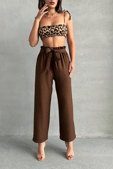 Kahverengi Beli Kuşaklı Keten Dokuma Pantolon BCHN-2525329