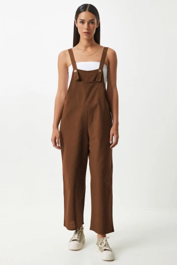 Kahverengi Önü Cepli Askılı Yazlık Gabardin Bahçıvan Tulum