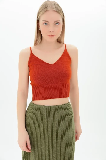 Kiremit Askılı V Yaka Crop Triko Bluz CO-259116167