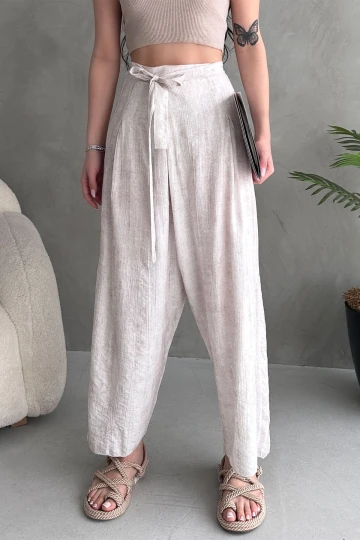 Krem Bağlamalı Anvelop Kesim Salaş Keten Dokuma Pantolon BCDF-251108