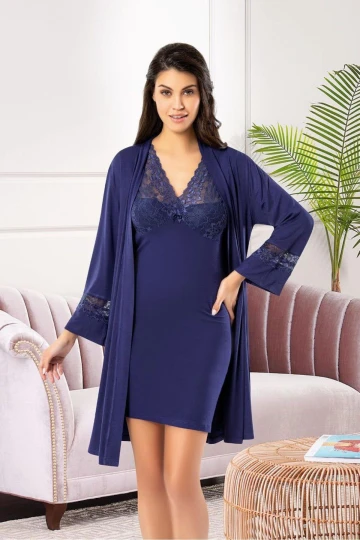 Lacivert Dantel Detaylı Gecelik Sabahlık Takım BCAN-256021FA
