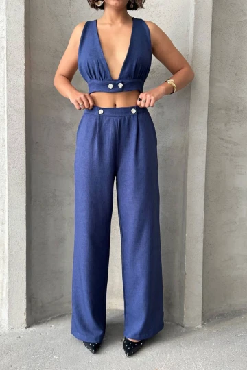 Lacivert Dekolteli Crop Bluz Ve Pantolonlu Keten Dokuma Alt Üst Takım BCHN-25255012