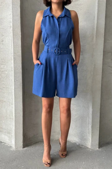 Lacivert Kemerli Çift Cepli Yakalı Dokuma Tulum BCHN-255010