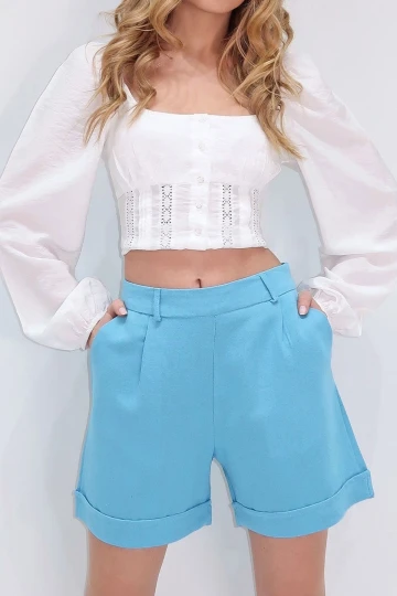 Mavi Duble Paça Gizli Fermuarlı Yazlık Keten Dokuma Şort BCIR-251002