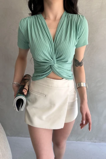 Mint Kruvaze Yaka Crop Bluz BCDF-252178