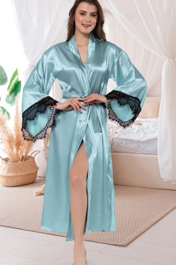 Mint Yeşili Saten Dantel Detaylı Kimono Uzun Sabahlık BCAN-255903FA