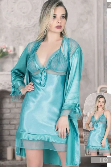 Mint Yeşili Saten Gecelik Sabahlık 2Li Takım Dantelli Ve Güpürlü BCAN-251128AS