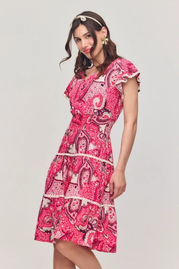 Pembe V Yaka Nervürlü Çiçek Desenli Yazlık Viscon Elbise BCVL-25V054