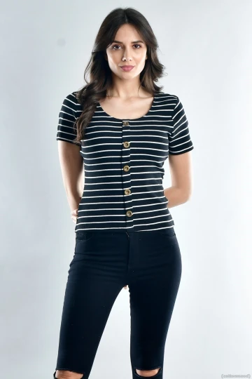 Siyah Beyaz Kaşkorse Önü Düğmeli Kısa Kol Bluz CO-2520021533