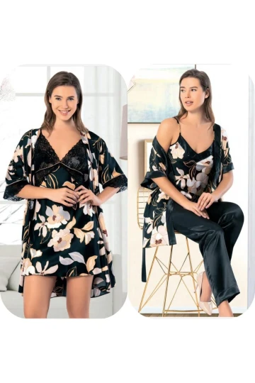 Siyah Çiçekli Saten Gecelik Sabahlık Takım Pijama Takım 5Li Gelin Çeyiz Seti BCAN-255FA