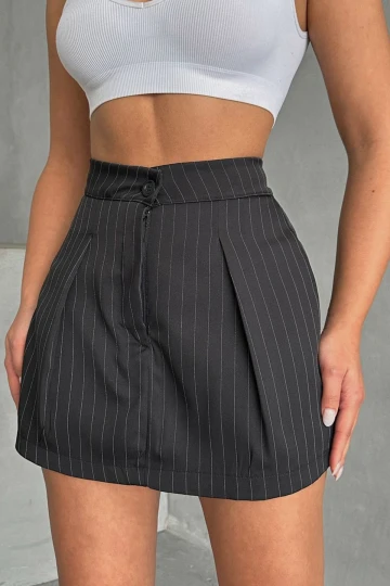 Siyah Pileli Çizgili Şort Etek BCHN-2525351