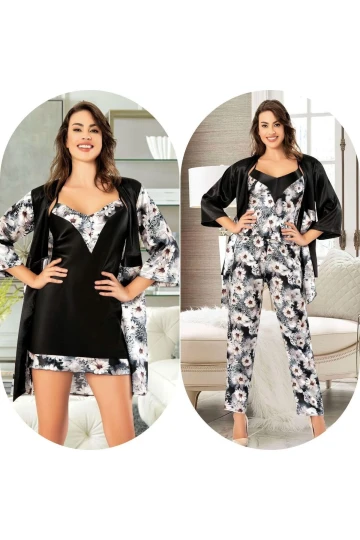 Siyah Saten Gecelik Sabahlık Takım Pijama Takım 5Li Gelin Çeyiz Seti BCAN-255FA