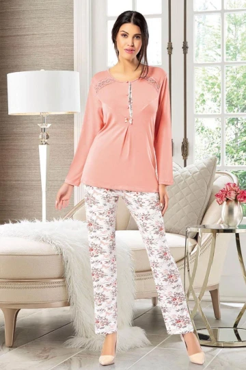 Somon Çiçek Desenli Dantel Detaylı Pijama Takımı BCAN-258602FA