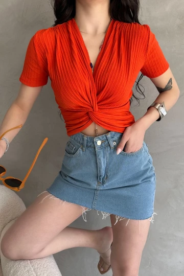 Turuncu Kruvaze Yaka Crop Bluz BCDF-252178