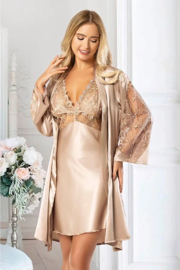 Vizon Saten Dantel Detaylı Gecelik Sabahlık Ikili Takım BCAN-252038FA