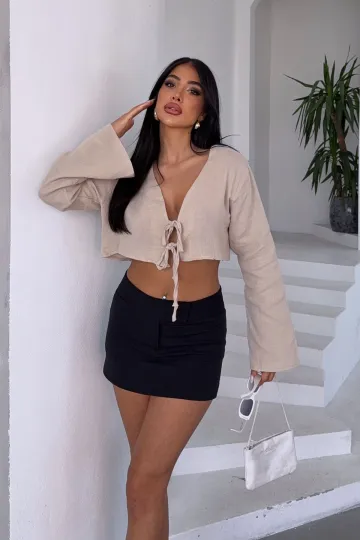 Bej Bağlamalı Crop Muslin Dokuma Bluz