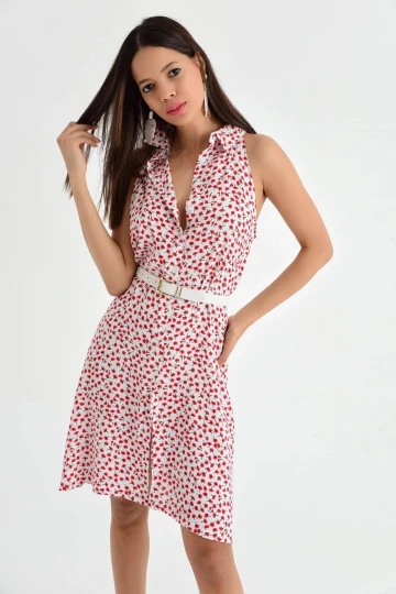 Beyaz Çiçek Desenli Gömlek Yaka Dokuma Elbise BCBSK-25700-K4160