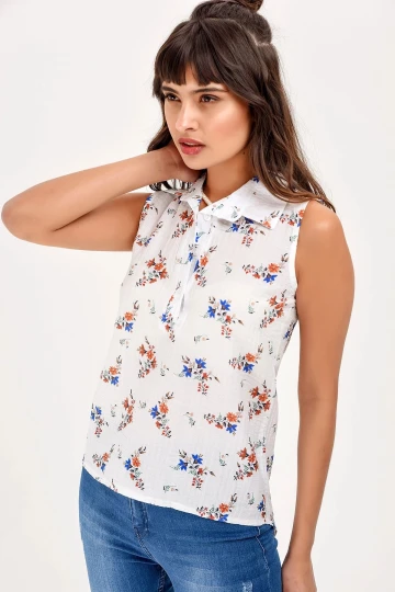 Ekru Kolsuz Çieçek Desenli Gömlek BCBSK-25650-2346