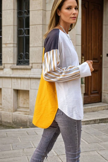 Hardal Keten Multi Garnili Color Block Salaş Bluz BCBSK-25700-3314