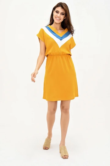 Hardal V Yaka Bloklu Beli Lastikli Elbise BCBSK-25700-2855