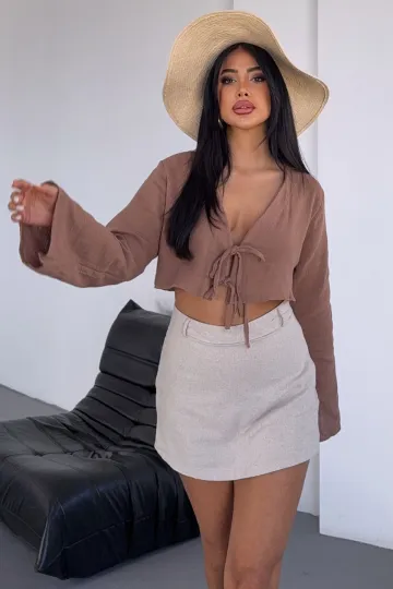 Karamel Bağlamalı Crop Muslin Dokuma Bluz