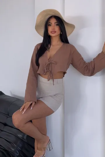 Karamel Bağlamalı Crop Muslin Dokuma Bluz