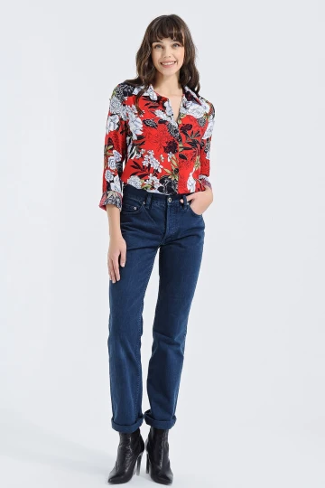 Kırmızı Uzun Kollu Düğmeli Oversize Gömlek BCBSK-25700-2711