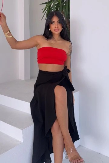 Siyah Beli Bağlamalı Volanlı Kloş Muslin Dokuma Etek BCBT-251006