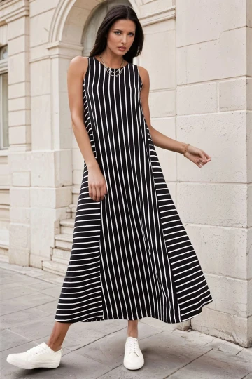 Siyah Biisklet Yaka Kolsuz Çizgili Uzun Boy Elbise BCBSK-25700-K5325