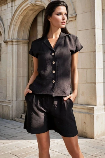 Siyah Keten Ceket Yaka Düğmeli Kısa Kol Gömlek Şort Takım BCBSK-25700-3402