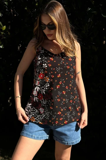 Siyah Turuncu Yumuşak Dokulu Kolsuz Bluz BCBSK-25700-3407