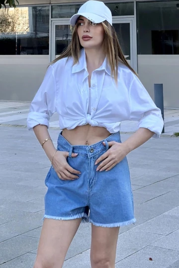 Açık Mavi Paçası Püsküllü Yırtıklı Kot Şort BCBSK-25700-KT-0050