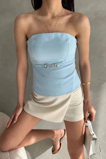 Bebe Mavi Straplez Fitted İnce Süs Kemer Detaylı Dokuma Bluz 