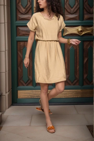 Bej Beli Büzgülü Yakası Yırtmaçlı Keten Elbise BCBSK-25700-2874