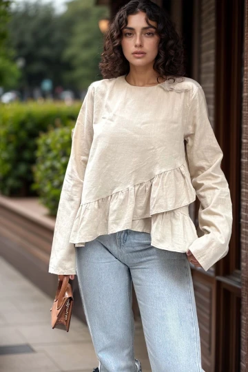 Bej Eteği Katlı Fırfırlı Vual Bluz BCBSK-25700-3571