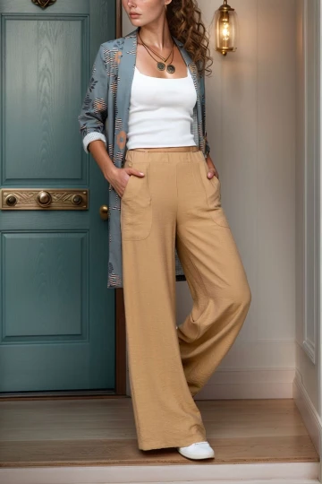 Bej Keten Beli Lastikli Salaş Pantolon BCBSK-25700-2933