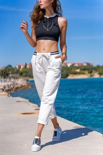 Beyaz Beli Lastikli Cepli Rahat Kalıp Pantolon BCBSK-25700-3523
