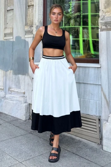 Beyaz Beli Şeritli Lastikli Color Block Kiloş Uzun Etek BCBSK-25700-3535