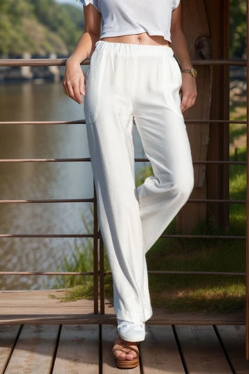 Beyaz Keten Beli Lastikli Salaş Pantolon BCBSK-25700-2933