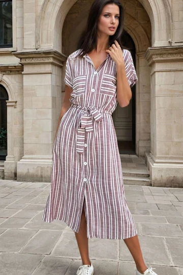 Bordo Keten Kendinden Kemerli Cepli Kısa Kol Gömlek Elbise BCBSK-25700-3434