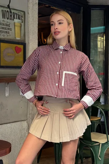 Bordo Manşet Ve Cepleri Garnili Çizgili Oversize Crop Dokuma Gömlek