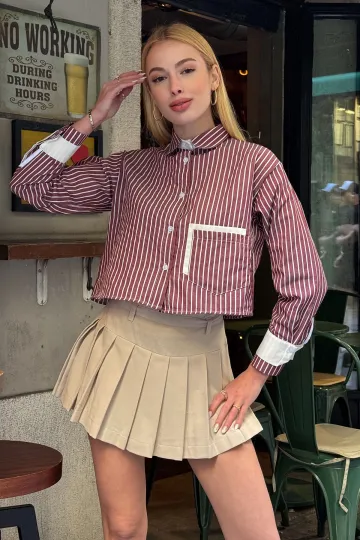Bordo Manşet Ve Cepleri Garnili Çizgili Oversize Crop Dokuma Gömlek