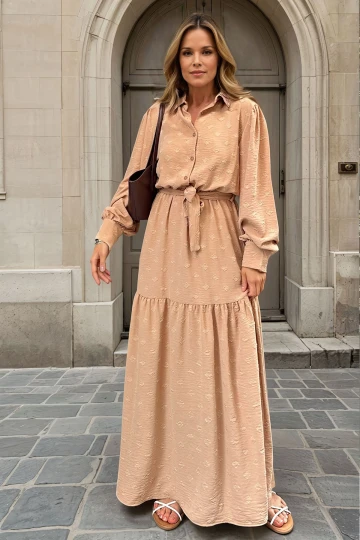 Camel Beli Bağlamalı Uzun Elbise BCBSK-25700-3550