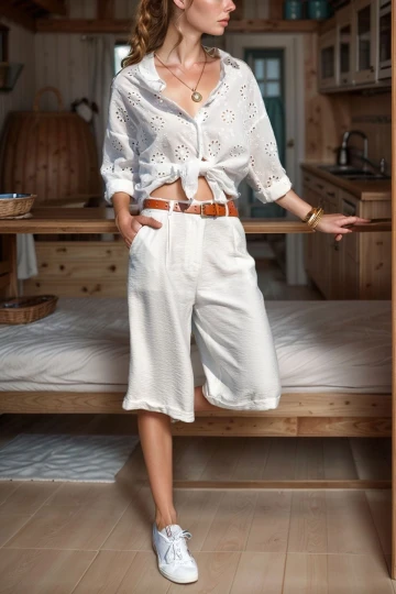 Ekru Cepli Duble Paça Keten Bermuda Şort BCBSK-25700-2912